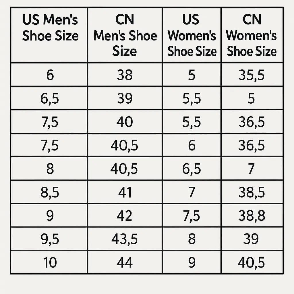 Chinese To US Shoe Size Chart