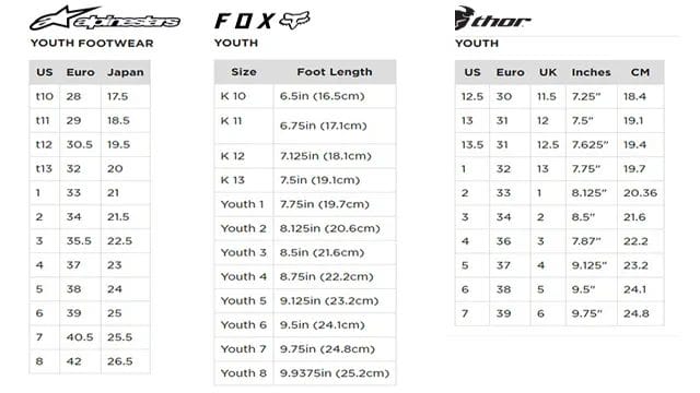 fox youth boots size chart