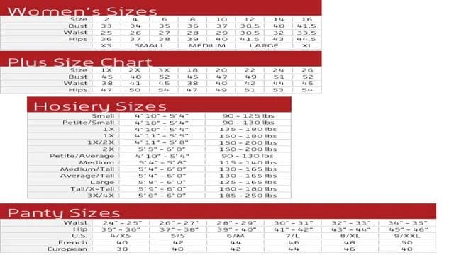 fredericks of hollywood size chart